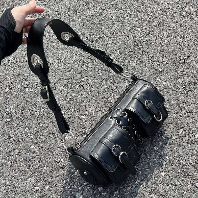 Vintage Black Women Cylinder Underarm Bags Double Pocket Design Ladies Shoulder Bag Fashion Female PU Leather Purse Handbags