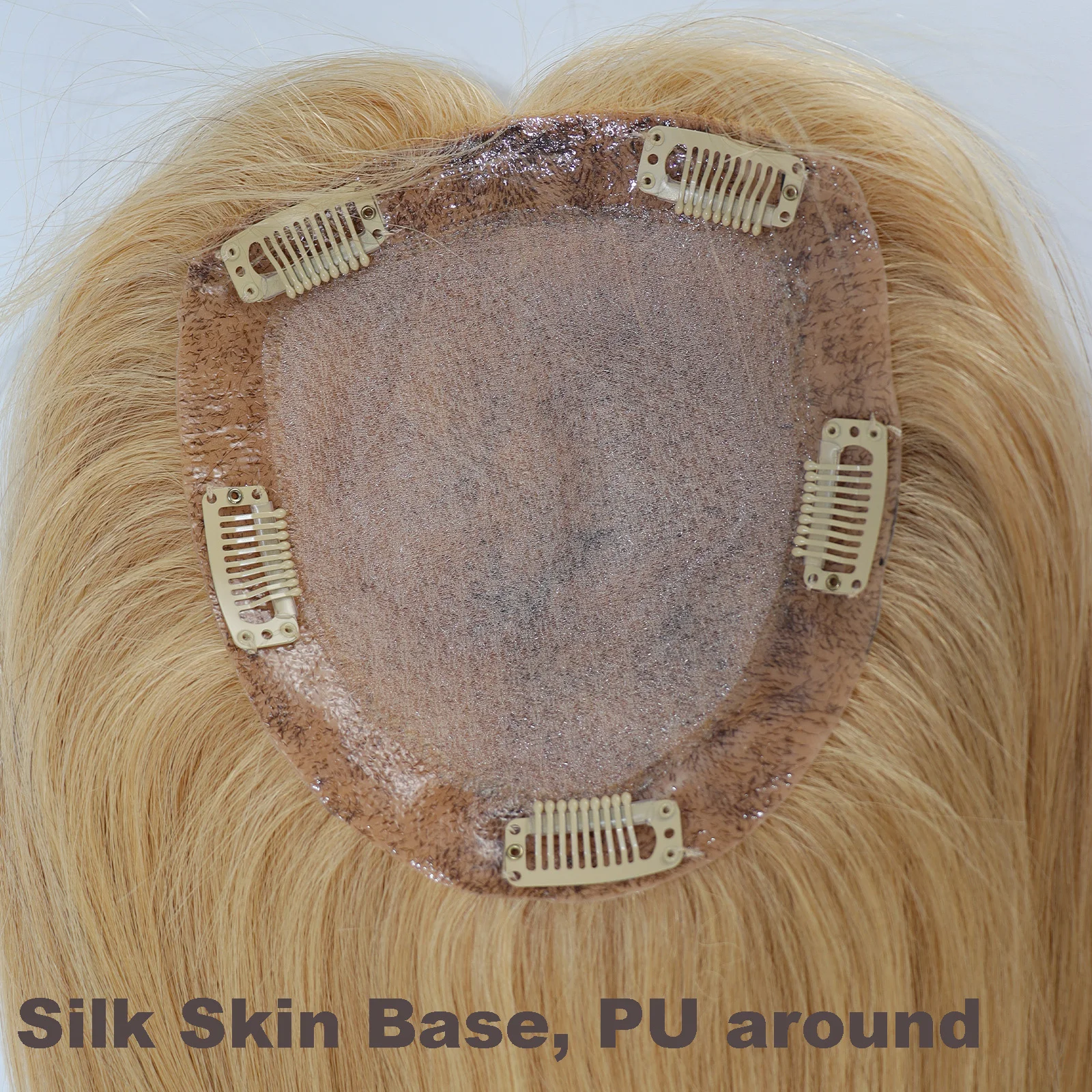 6x6" Golden Blonde Virgin Human Hair Topper Silk Skin Base Women Toupee Silk Top Hair great Cover with Clips in & PU Edges Color #27 15x16cm