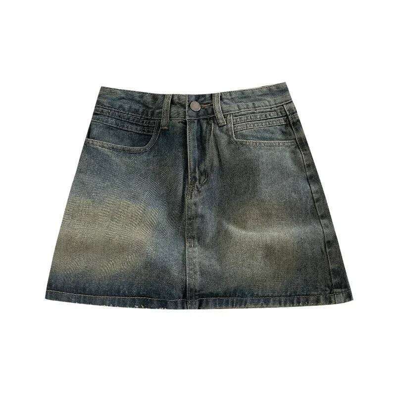 Retro Dark Denim Skirt 2025 A Word Spring Women High Belt Anti-exposure Short Dress New XJ260131
