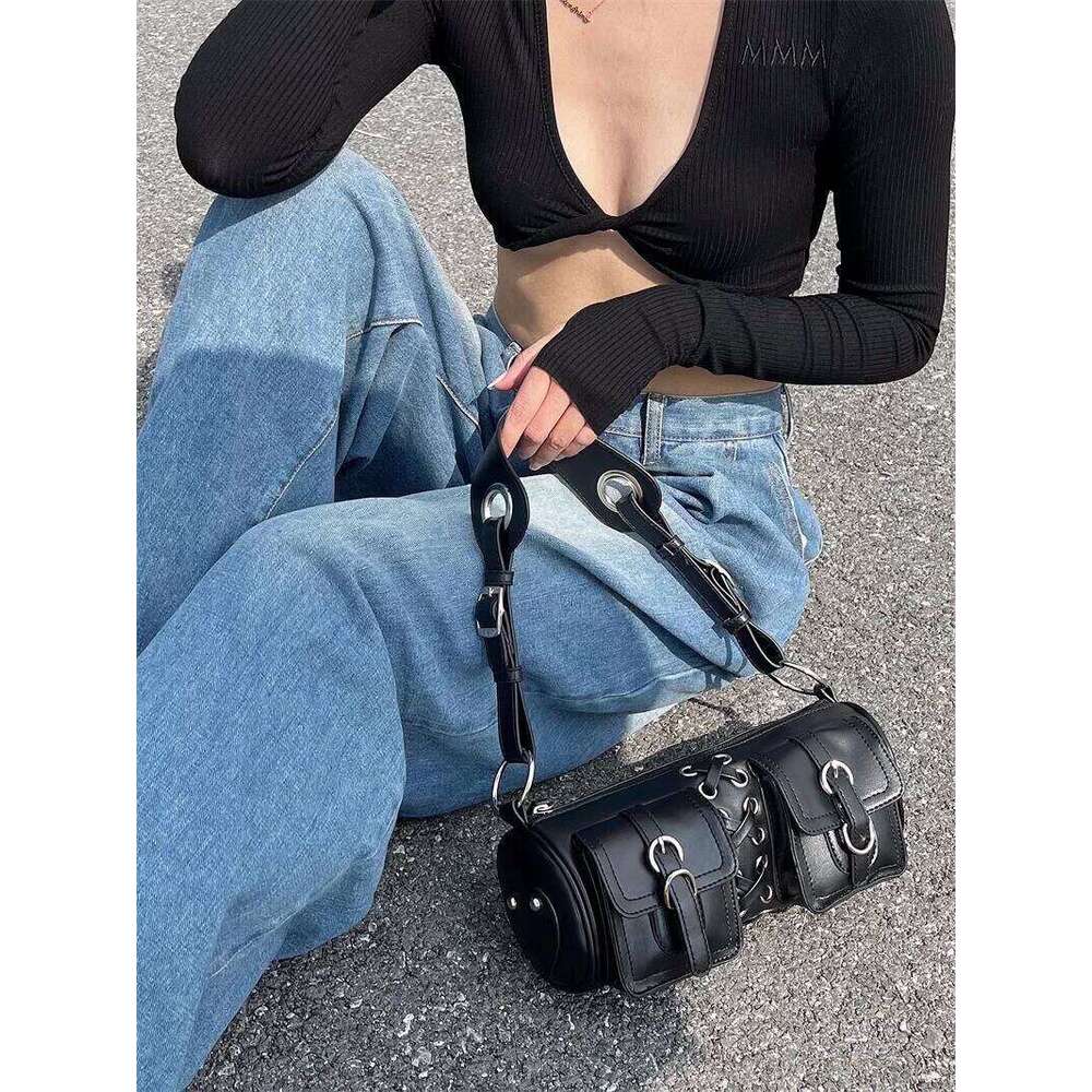 Vintage Black Women Cylinder Underarm Bags Double Pocket Design Ladies Shoulder Bag Fashion Female PU Leather Purse Handbags