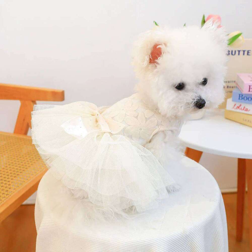 Pet Dog Clothes Summer Haute Couture Wedding Princess Dress Beige Puff Gauze Skirt H260129