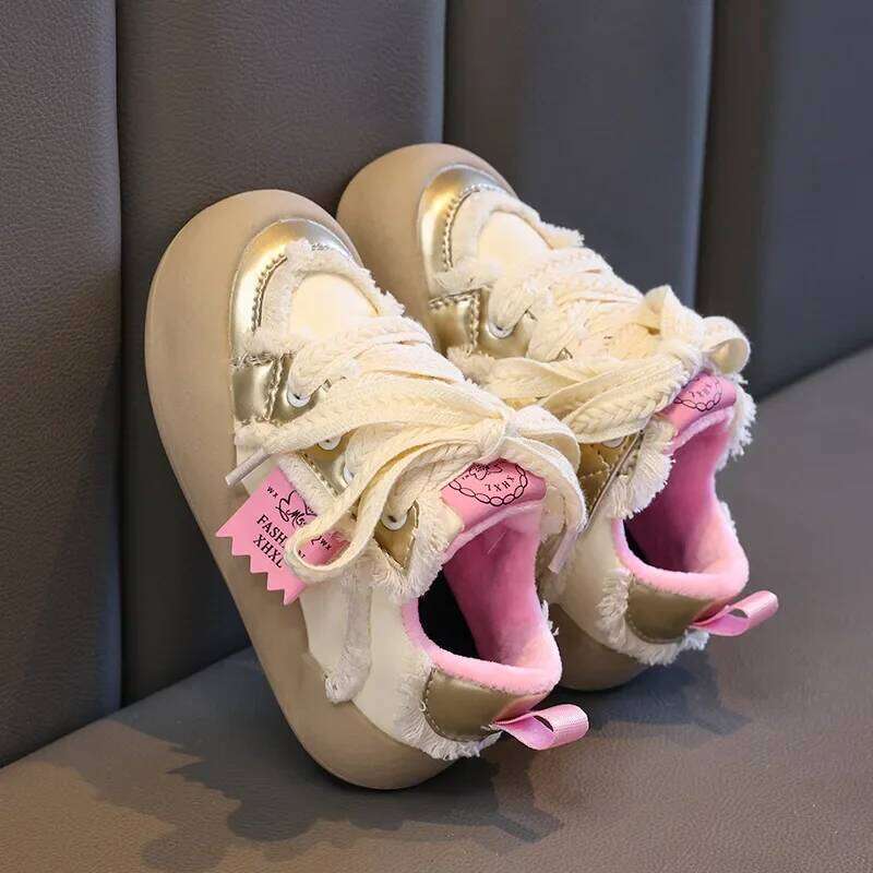Girls Autumn Winter Fashion PU Leather Warm Cotton Lace Up Soft Sole Kids Sneakers Versatile Non-slip Skate Shoes Y260128