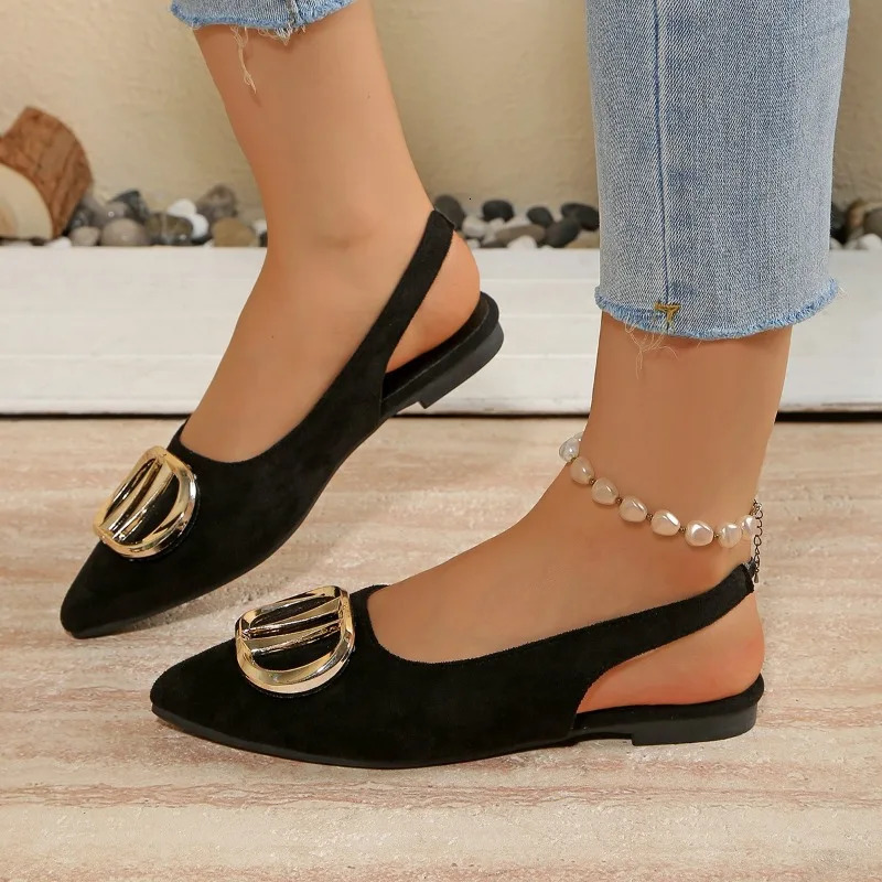 French Pointedtoe Metal Flat Shoes Baotou Sandals Shallowmouth Single Foreignstyle Explosive Internet Celebrity 260126