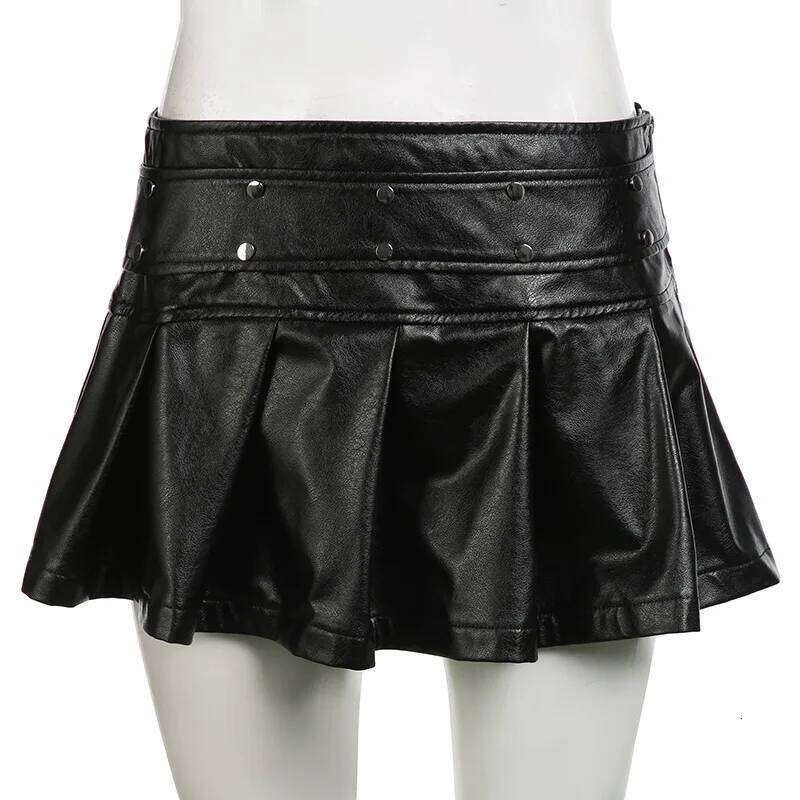Goth Dark Punk Style Rivet Faux Pu Leather Pleated Skirts 90s Grunge Streetwear Women Mall Gothic Dropped A-Line Mini Skirt Zip XJ260131