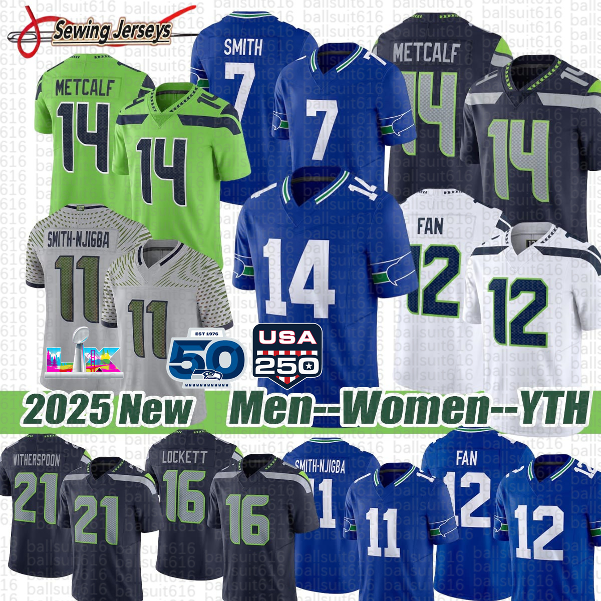 Seattles SeahawksS Jersey SeahawksJersey DK Metcalf Jaxon Smith-Njigba Cooper Kupp #12 Fan Sam Darnold Kenneth Walker III Football Jerseys