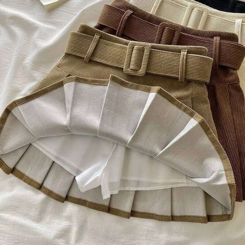 2025 Autumn Winter Corduroy Pleated Short Skirts For Woman Preppy Style High Waist Casual A-line Female Skirk XJ260131