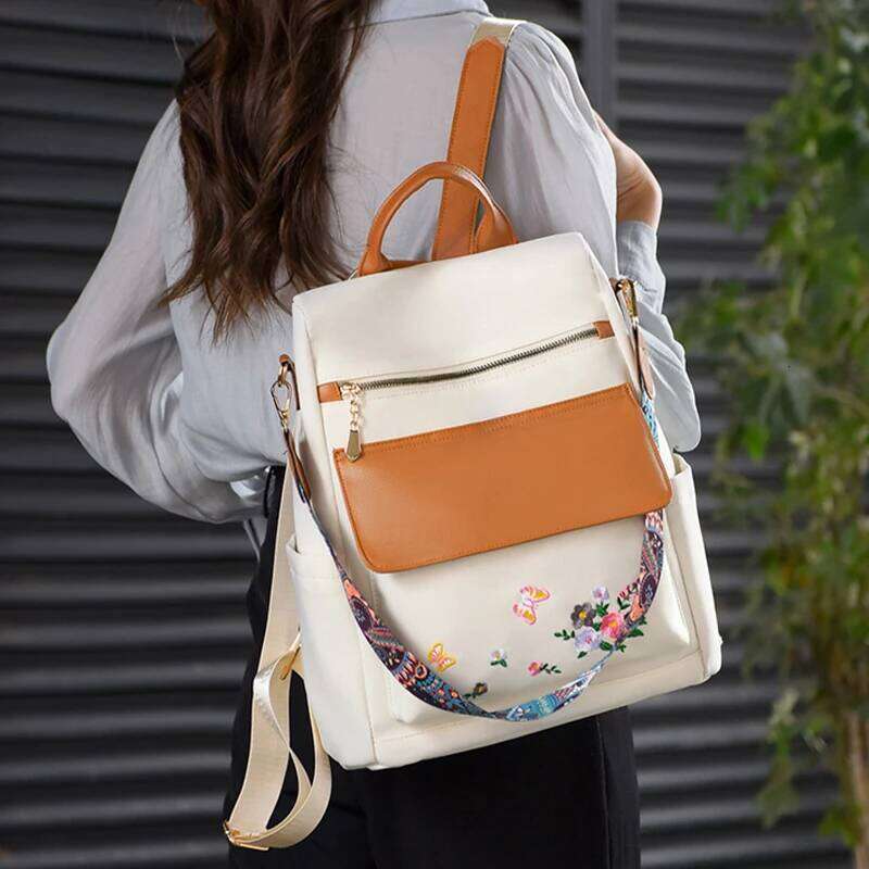 Embroidered Design Backpack Anti Theft Large Capacity Women Backpacks Oxford PU Patchwork Bookbag 3IN1 Female Shoulder Back Pack