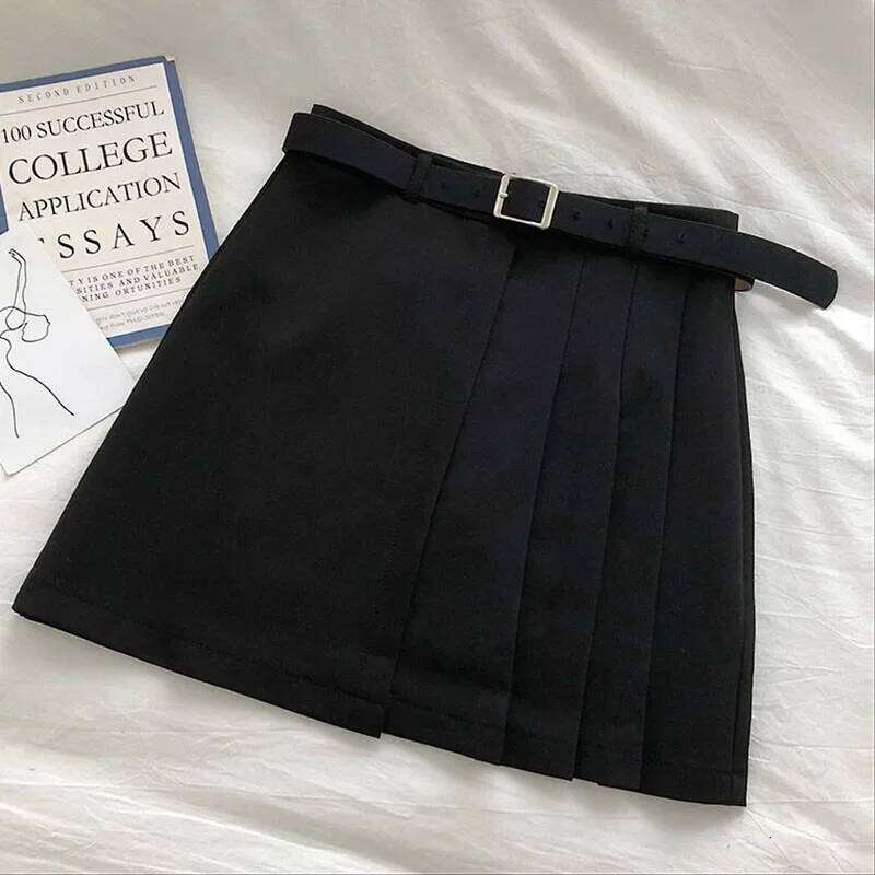 Lucyever Fashion High Waist Women's Korean Chic with Belt Patchwork Pleated Skirts Woman Black Simple Casual Mini Skirt XJ260131