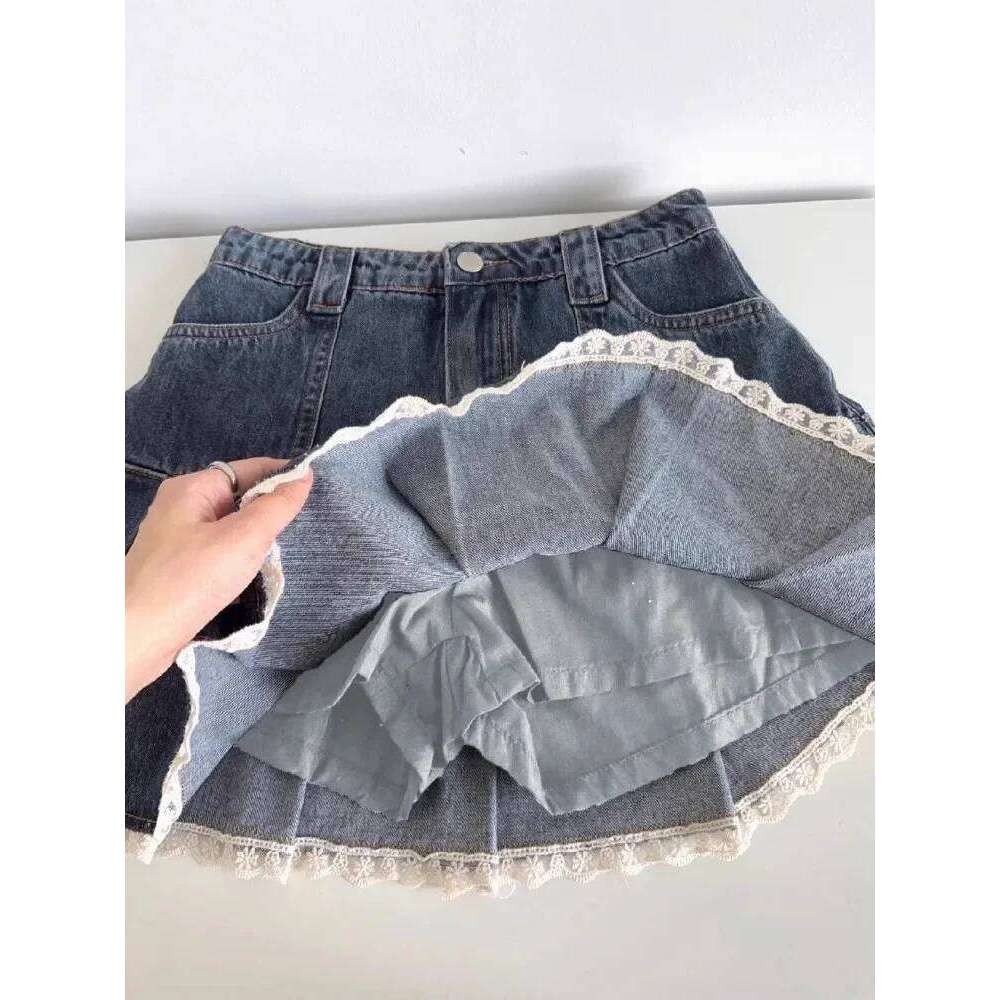 Women Blue A-line Denim Vintage Aesthetic Y2k Patchwork Lace Jean Skirt Harajuku Korean Cowboy Skirts 2000s Clothes Summer XJ260131