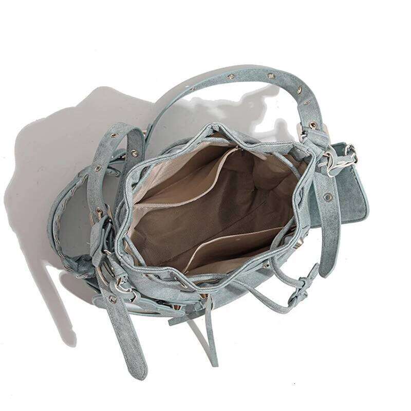 New Versatile Drawstring Shoulder Fashion Bucket Style Rivet Biker Design Premium Casual Commuter Crossbody Bag