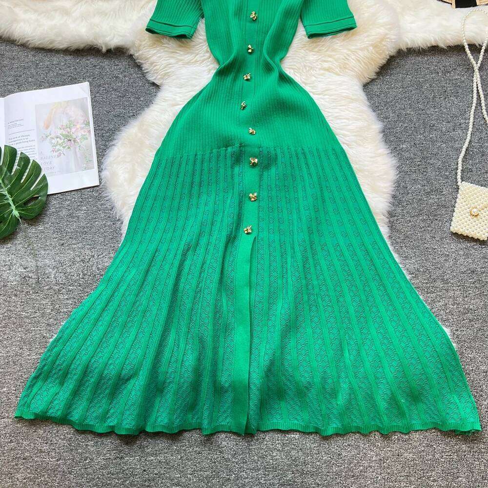 YuooMuoo Brand Fashion Vintage Turn-down Collar Knit Maxi Elegant Single-breasted A-line Long Shirt Dress Lady Vestidos XJ260131