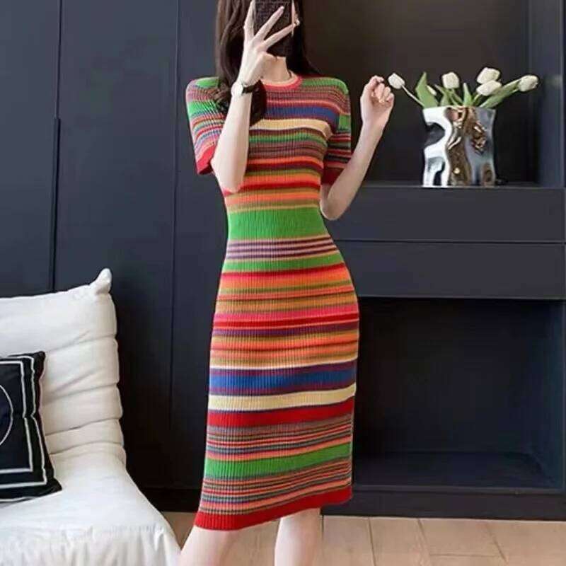 Women's Spring Summer Fashion Temperament Round Neck Colorful Stripes Versatile Short Sleeved Slim Fit Mid Length Knitted Dress XJ260131