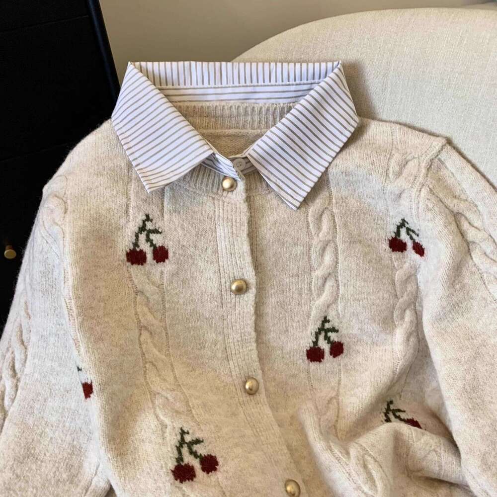 Counter Withdrawal Cut Label Fake Two-Piece Shirt Collar Sweater Coat Women Autumn Winter New College Style Soft Knitted Cardigan