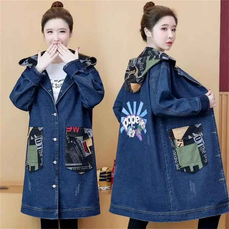 2025 Spring Autumn Denim Jacket Women Hooded Windbreaker Cartoon Printed Coat Long Outerwear Female Oversize 5XL Loose Overcoat 260120