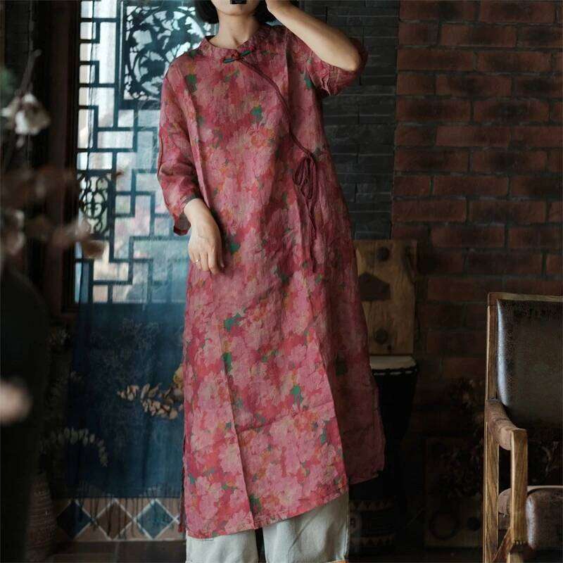 Chinese Style Women Linen Casual Dress New Spring Vintage Mandarin Collar Floral Print Loose Female Long Dresses M1061
