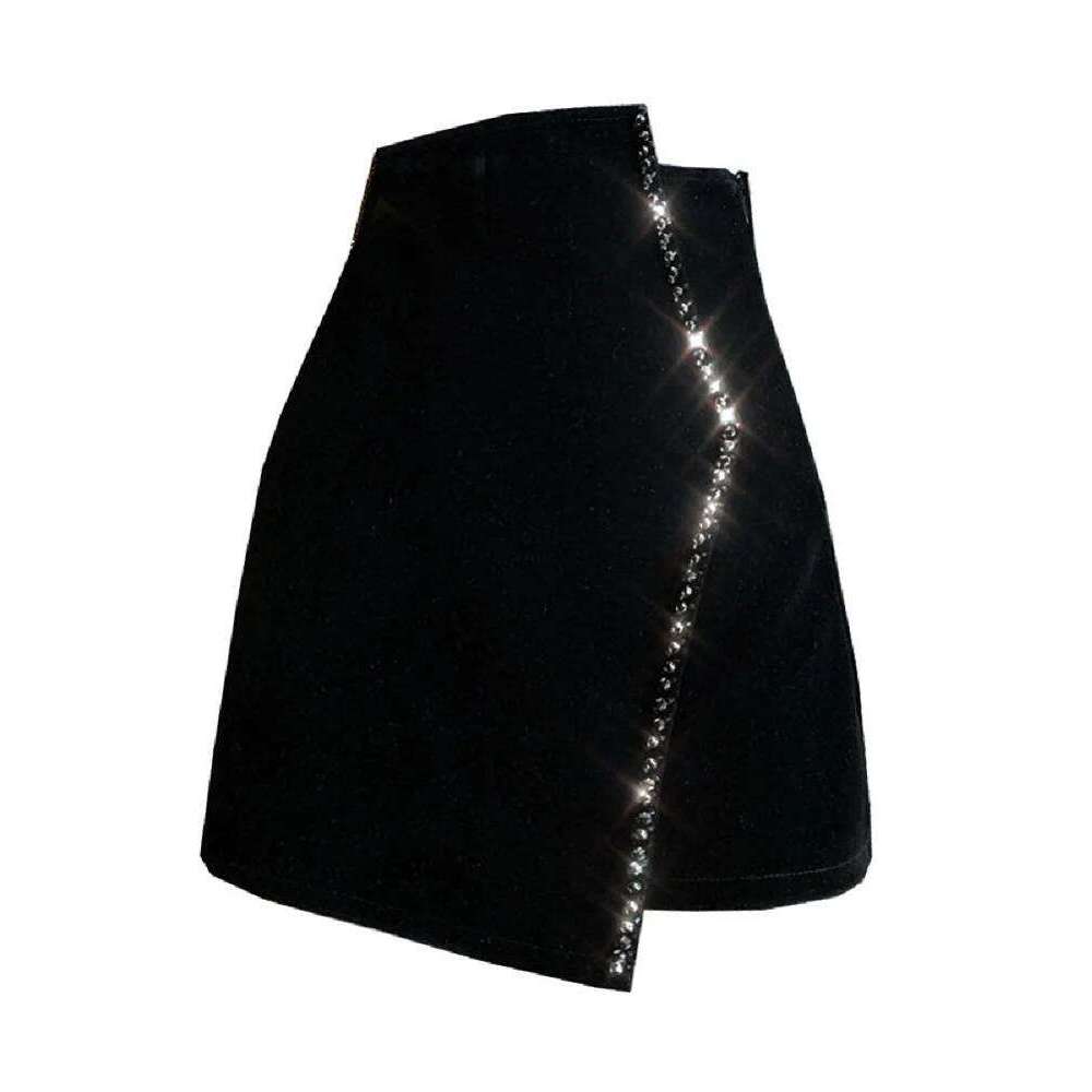 Ins CHIC Europe French Irregular Velvet Hand Bead Rhinestone Woman Velour Mini Skirt High Waist Bodycon Lady Bottom Black Winter XJ260131