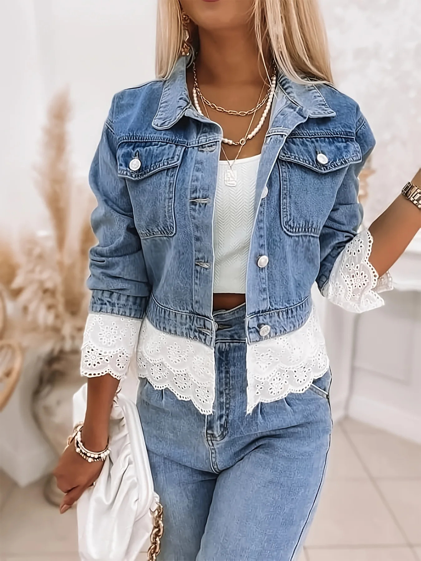 Lace Spliced Women Denim Jacket Long Sleeve Coats Patchwork Jackets Single Breasted Cardigan Outerwear High Street Buttons 260120