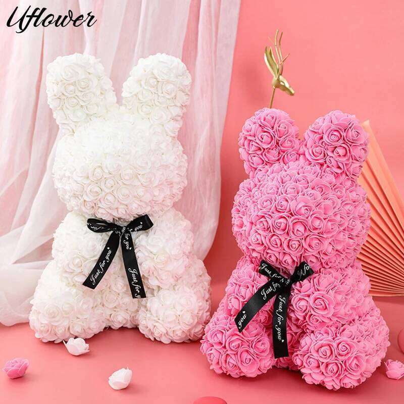 Rose Rabbit NEW Valentines Day Gifts 27cm Flower Rabbits Artificial Floral Decorations Mother' DAY Gift For Girlfriend Festival Y260131