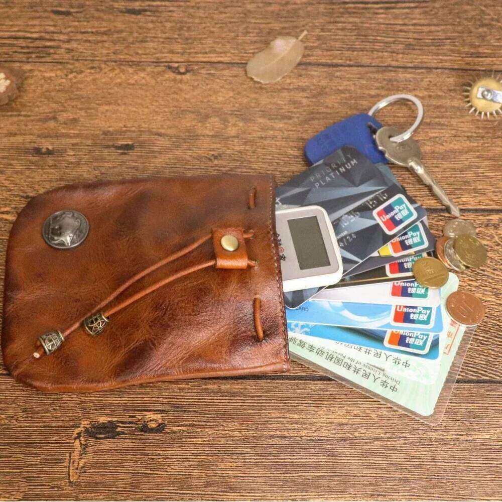 Retro Genuine Leather Bag Drawstring Wallets Fashion Women Men Housekeeper Card Key Holders Mini Purse Coin Pouch