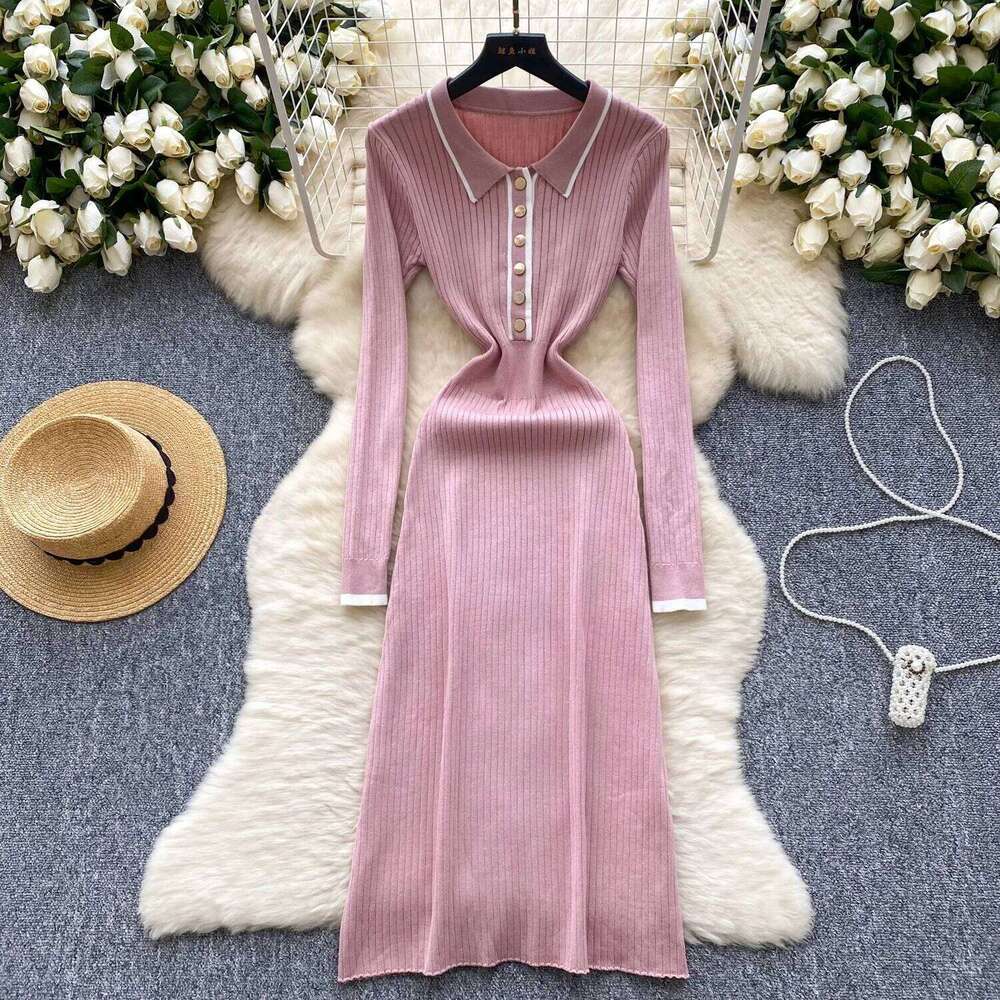 YuooMuoo 2025 Autumn Winter Women Knitted Long Vintage Turn-down Collar Buttons Ribbed Shirt Sweater Dress Lady Vestidos XJ260131