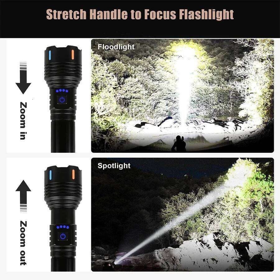 High Power LED Flashlight Type-c Rechargeable Zoom Tactical Torch Waterproof Outdoor Camping Emergency Lantern Can Light A Flame H260131
