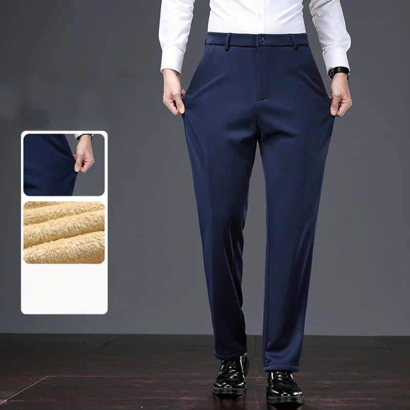Mid Age Mens Pants Winter Thermal Dress Trousers Thick Warm Business Casual Office Wear Elastic Waistband Plus Size 260120