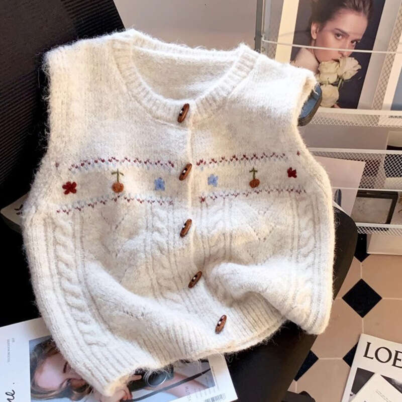 Vintage Knitted For Women Handmade Floral Sweater Round Neck Layered Sweet Jacquard Vest Versatile Trendy