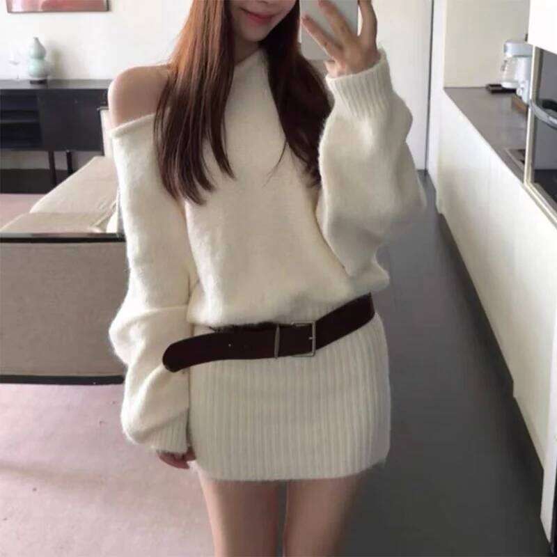 French Sexy Off Shoulder Women with Belt Irregular Long Sleeve Knitted Dress Autumn Fashion Waist Spicy Girl Dresses XJ260131
