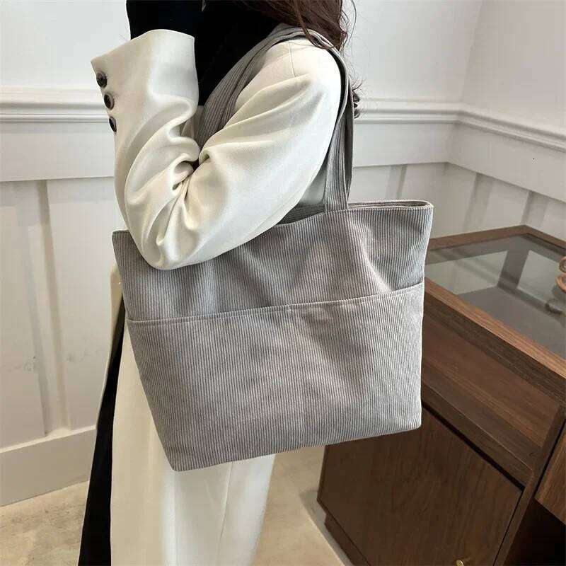 Simple Large Capacity Tote Women Shoulder Bag Retro Corduroy Ladies Shopping Commuter Underarm Bags Female Multi-Pocket Handbags Xiu Lai Si