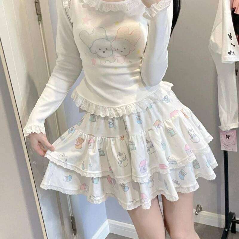 Kawaii Japanese Style Mini Skirt Women Harajuku Lolita Lace Pleated Sweet Cute Y2k Ruffles Cake Layered Skirts XJ260131