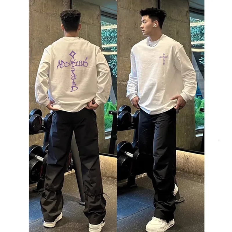 HipHop Street Letter Print T-shirt Men Autumn 100 Cotton Black Long sleeves T-shirt Sports Gym Y2k Top Men clothing 260118