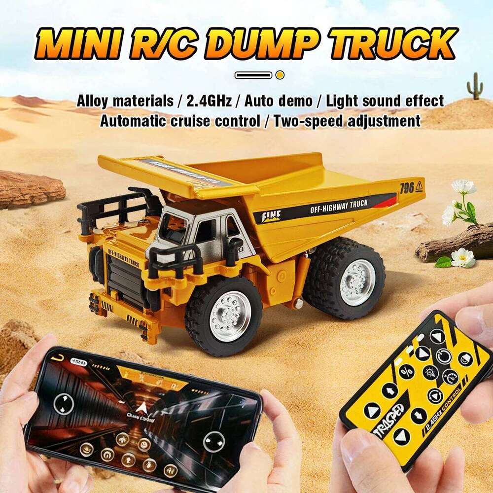1/64 Mini Rc Dump Truck Alloy Diecast Liftable Remote APP Control Desktop Engineering Collection Cars For Boys Kid Gift Y260131