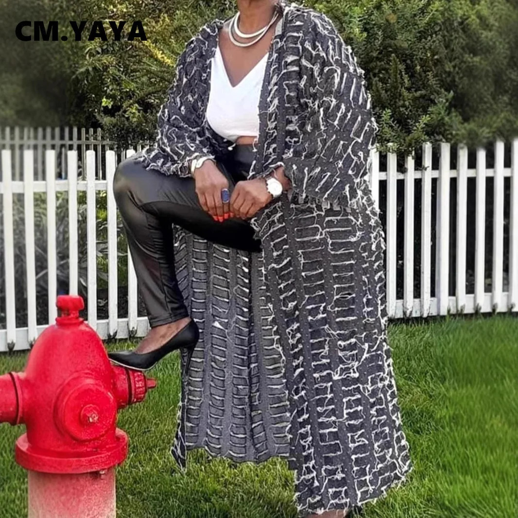 CMYAYA Women Vintage Cutout Denim Hollow Out Long Trench Coats 2025 Spring Winter Fashion Street Loose s 260120
