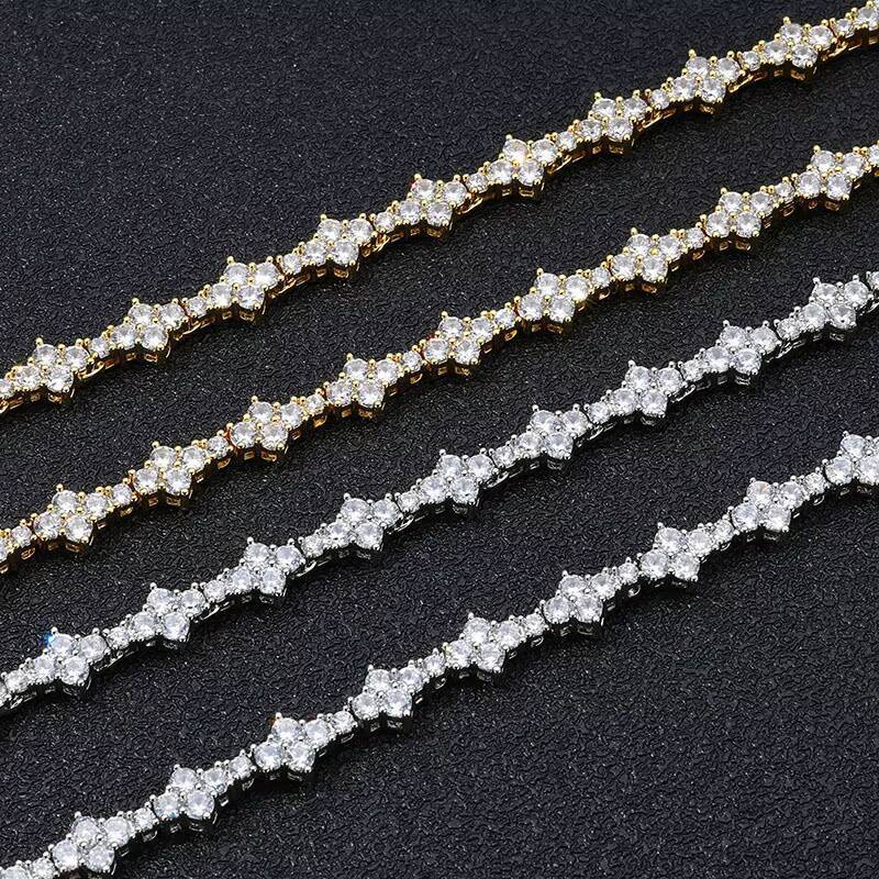 Hip-Hop Mens Womens 925 Sterling Silver VVS Moissanite Diamond Clover Cross Tennis Chain Bracelet Necklace Elegant Bangle