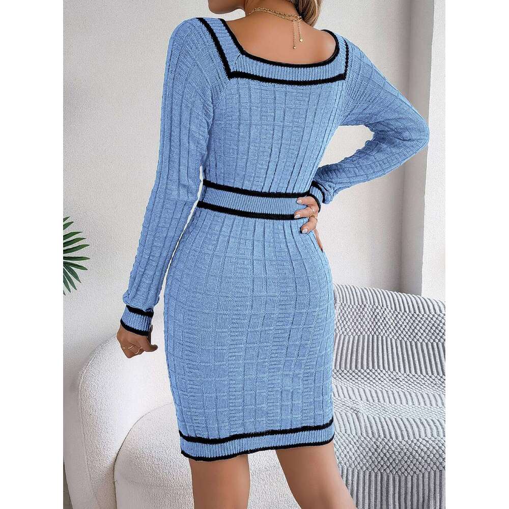 Autumn Winter Casual Elegant Square Collar Button Decoration Knitted Long Sleeve Bodycon Dress for Women XJ260131