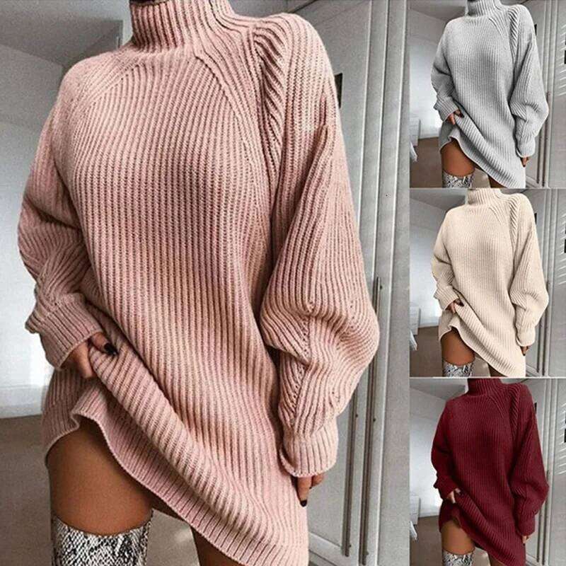 Women's Solid Color Autumn Winter Fashion Loose Casual Knitted Long-sleeved Turtleneck Pullover Ragshou Sweater Dress XJ260131
