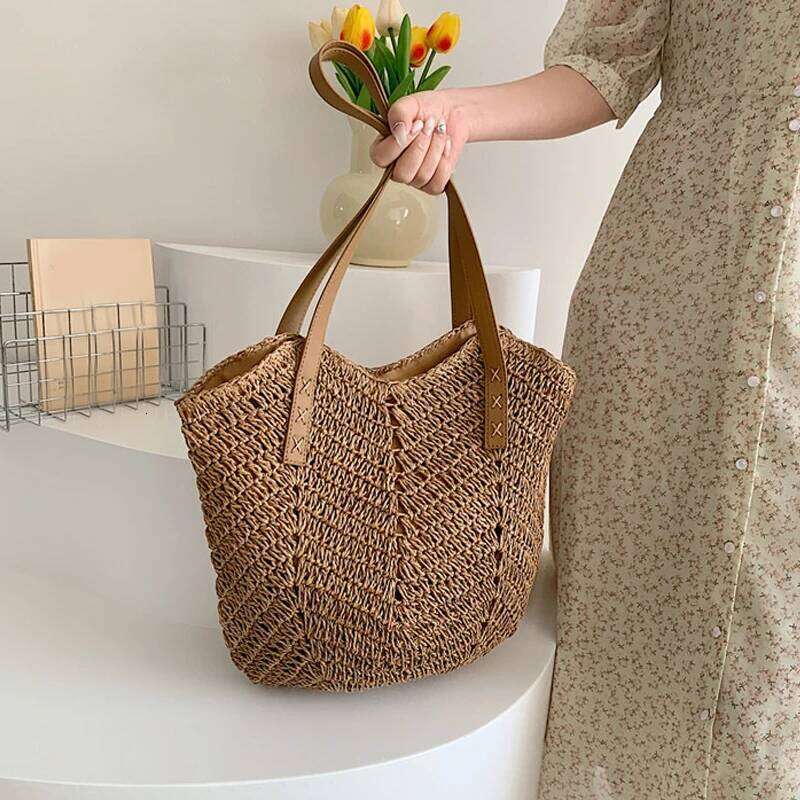 Summer for Women Straw Shoulder Bags Rattan Woven Top Handle Hollow Raffia Crochet Beach Bag Casual Handbags XJ260130