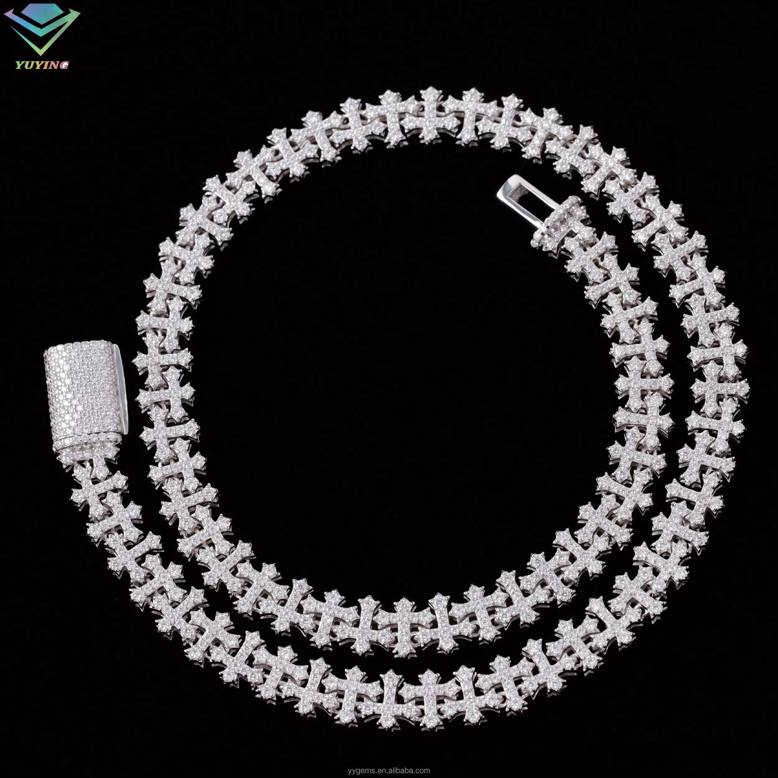 Hiphop Jewelry Cross Necklace 12mm Moissanite Diamond Chain S925 Sterling Silver Cuban Link Chain for Men Women