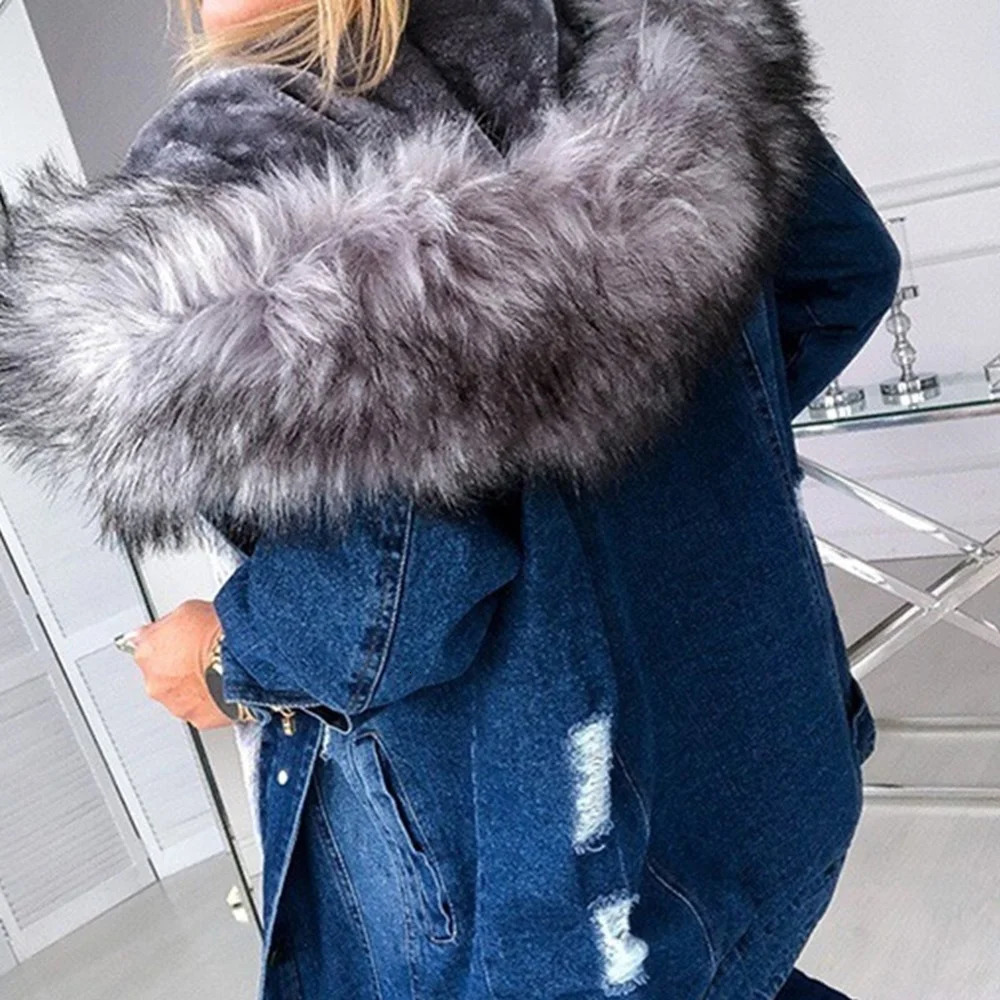 Women Winter Warm Fluffy Collar Hooded Denim Jacket Thick Plush Lined Long Sleeve Jean Coat Button Down Oversized Loose Out 260120