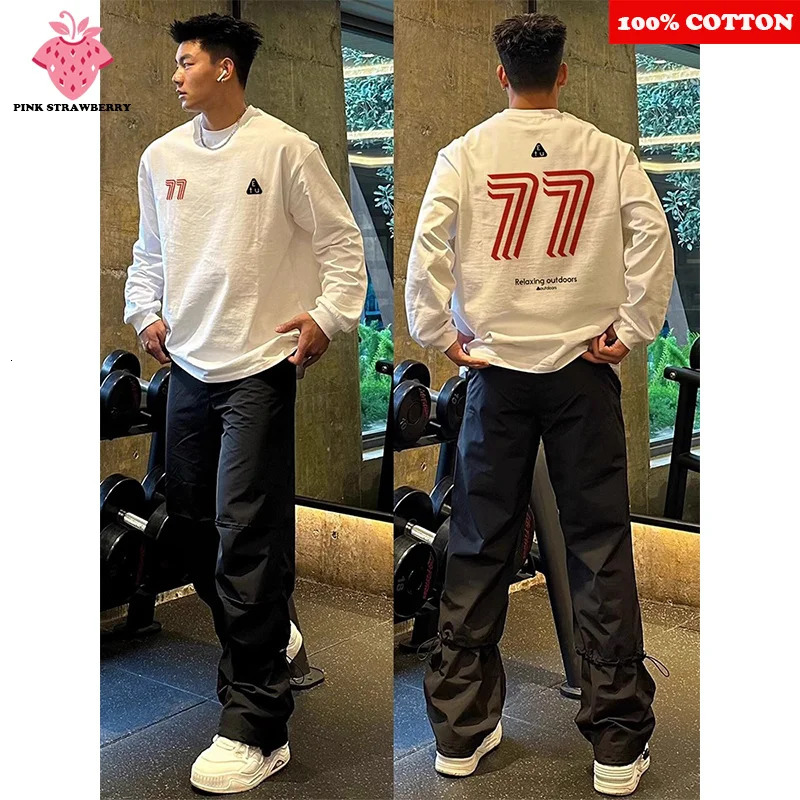 Street Hip Hop Number 7 Print T-shirt Men Autumn 100 Cotton Oversize Sports Gym Long sleeves Tee Y2k Top Men clothing 260118