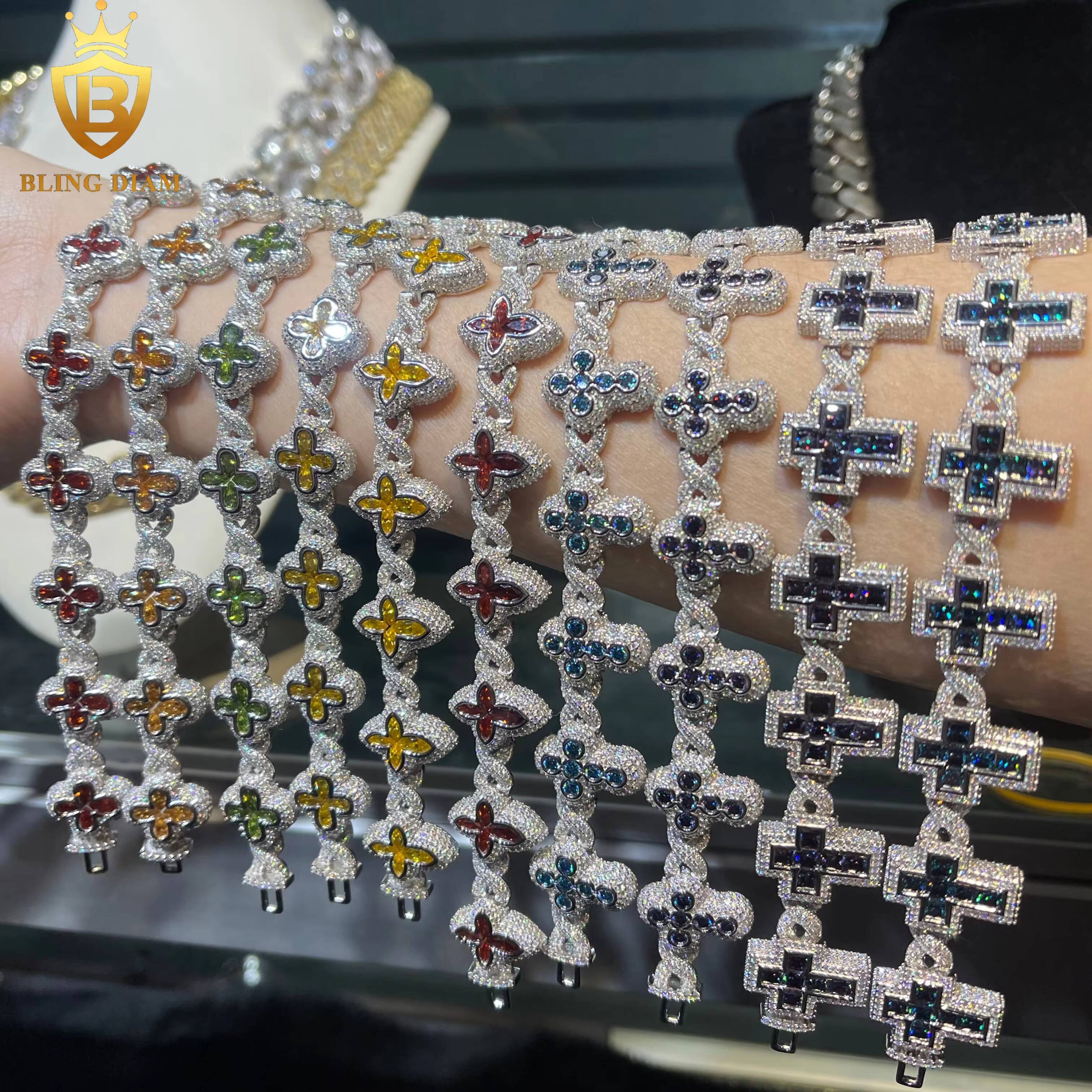 New Cuban Bracelet Cross 4 Clover Flower Hip Hop Men Charms for Jewelry 925 Sliver Green Blue Purple Yellow Red Moissanite