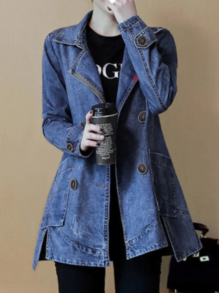 2024 Autumn Style Fashion Womens Denim Jacket MediumLong Suit Collar Lapel DoubleBreasted Solid Color 260120