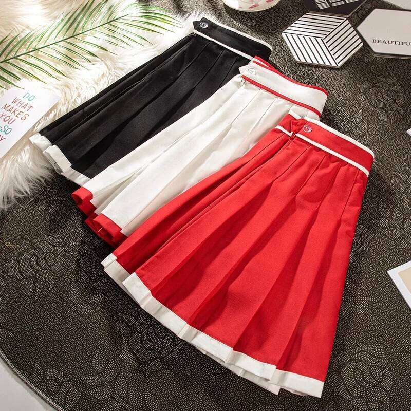 Women's Pleated Skirt Skater School Uniform Mini Skirts Hit Color High-waisted Red Short Sports Casual Korean Style Kawaii XJ260131