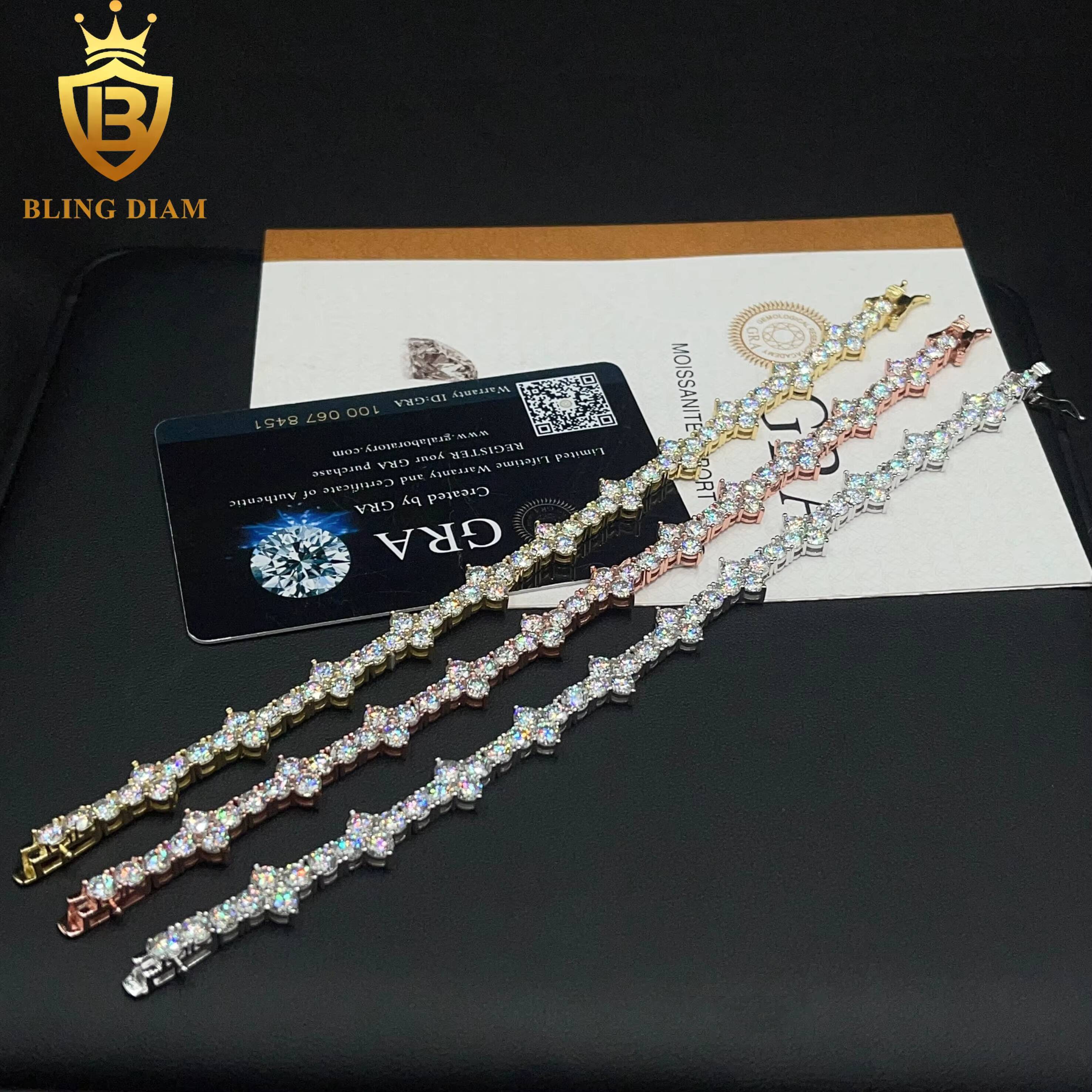 4mm Hip Hop Fine Jewelry 925 Sterling Silver Vvs Moissanite Diamond Cross Tennis Chain Bracelet
