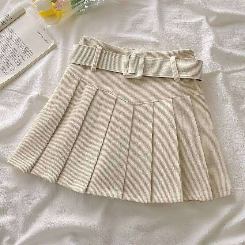 2025 Autumn Winter Corduroy Pleated Short Skirts For Woman Preppy Style High Waist Casual A-line Female Skirk XJ260131