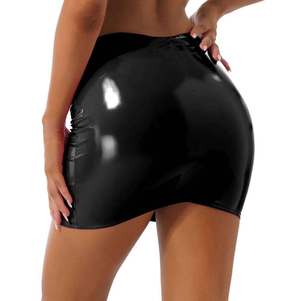 Womens Shiny Metallic Faux Leather Mini Skirt Latex Vinyl Elastic Waistband Micro Skirts Stretchy Bodycon Clubwear XJ260131