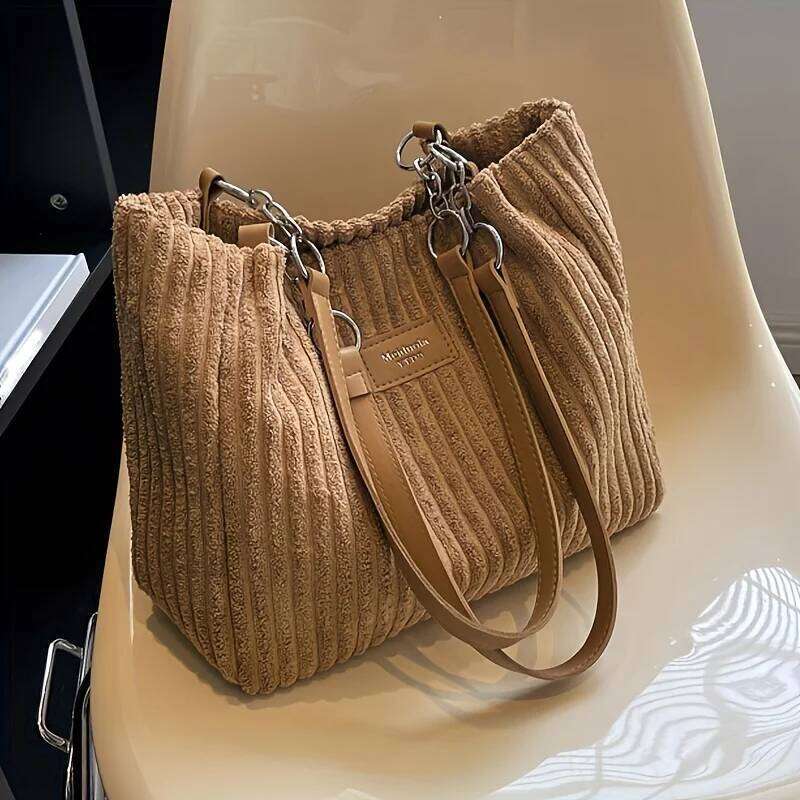Stylish Soft Corduroy Tote for Women Plush Shoulder Bag with Zip Large Capacity Women's Handbag