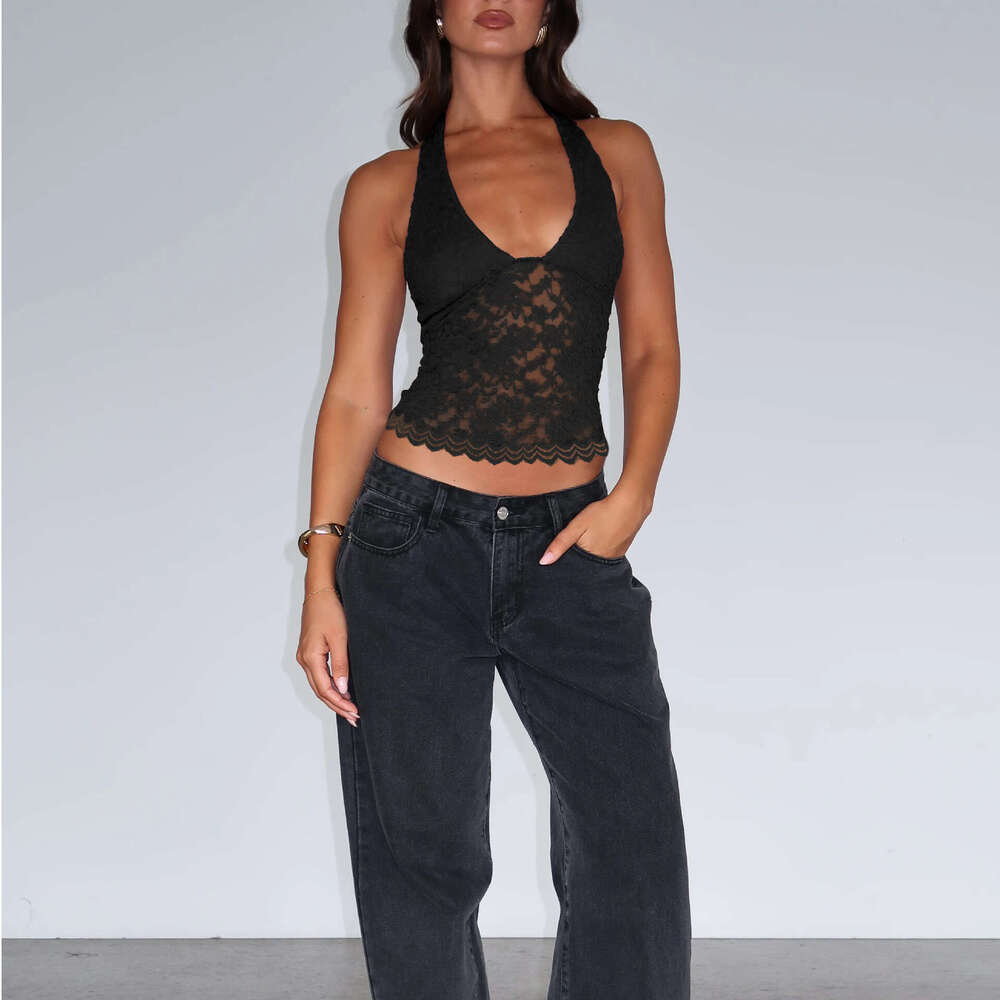 2025 Cross-Border New Hot Girl Hollow Lace Slim Camisole Y2K Sexy Versatile Halter Top for Women