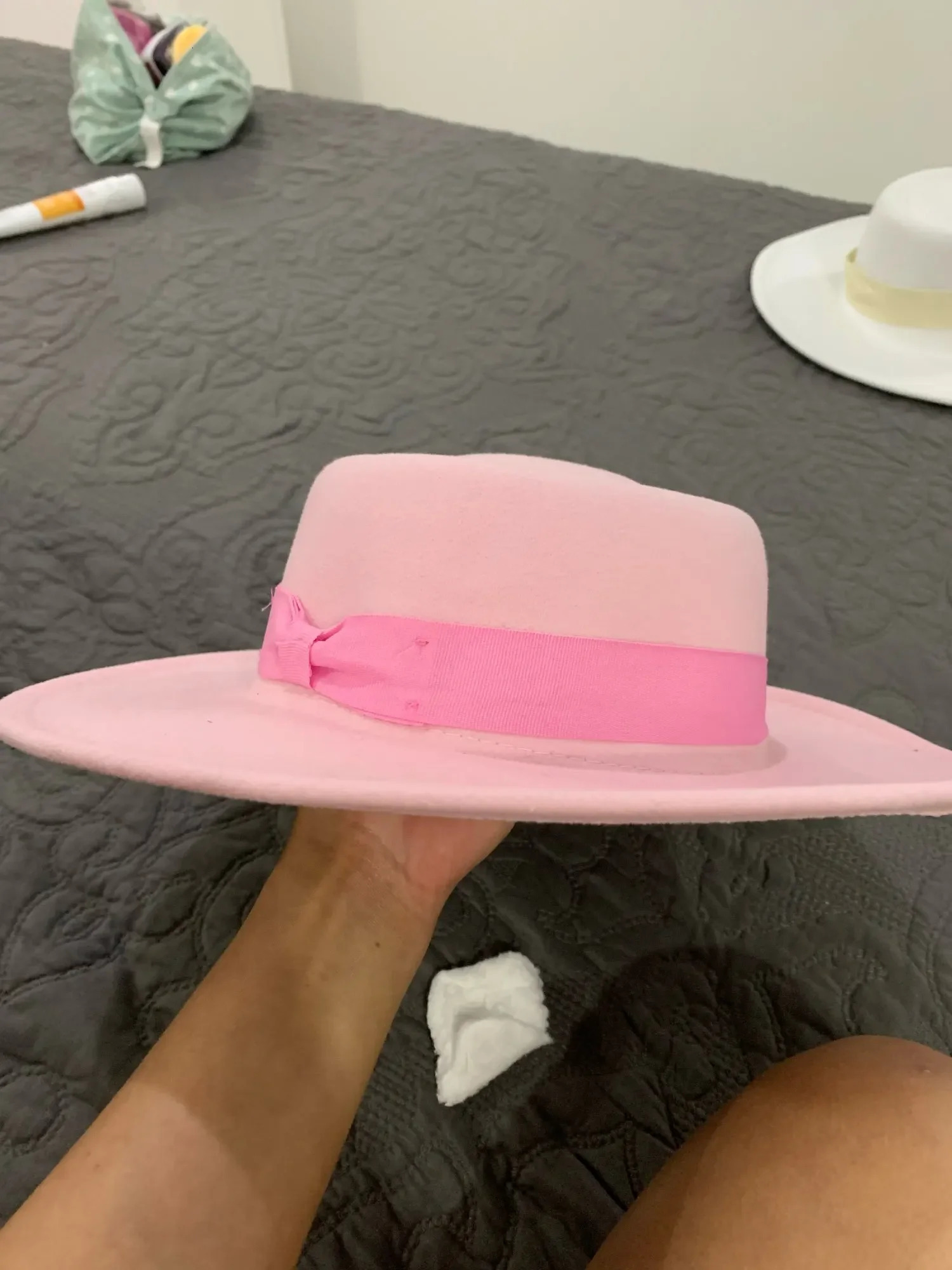 Fedora Bow hat Wide Brim Church Derby Flat Top Hat Panama Felt Fedoras Hat for Women artificial wool Blend Jazz Cap Trilby hats 260120