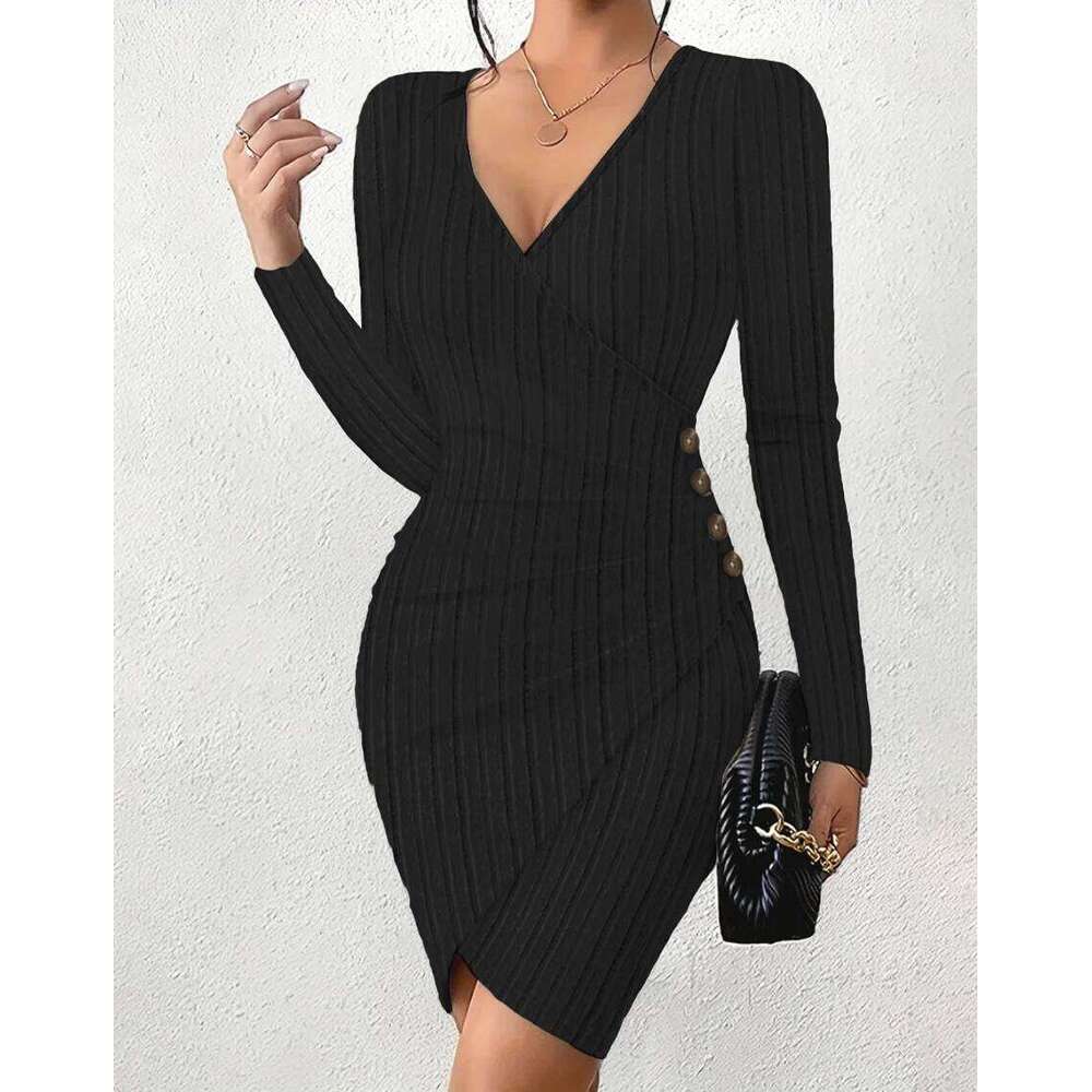 Women's V-Neck Long Sleeve Bodycon - Ribbed Knit Mini Dress with Button Detail Sexy Wrap Style for Party & Night Out XJ260131